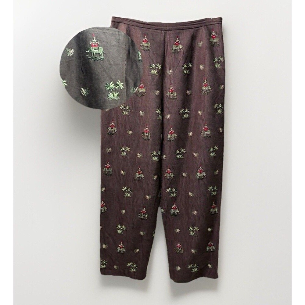 Talbots Petites Silk Linen Lined Embroidered Cropped Pants Brown Elephant Size 6